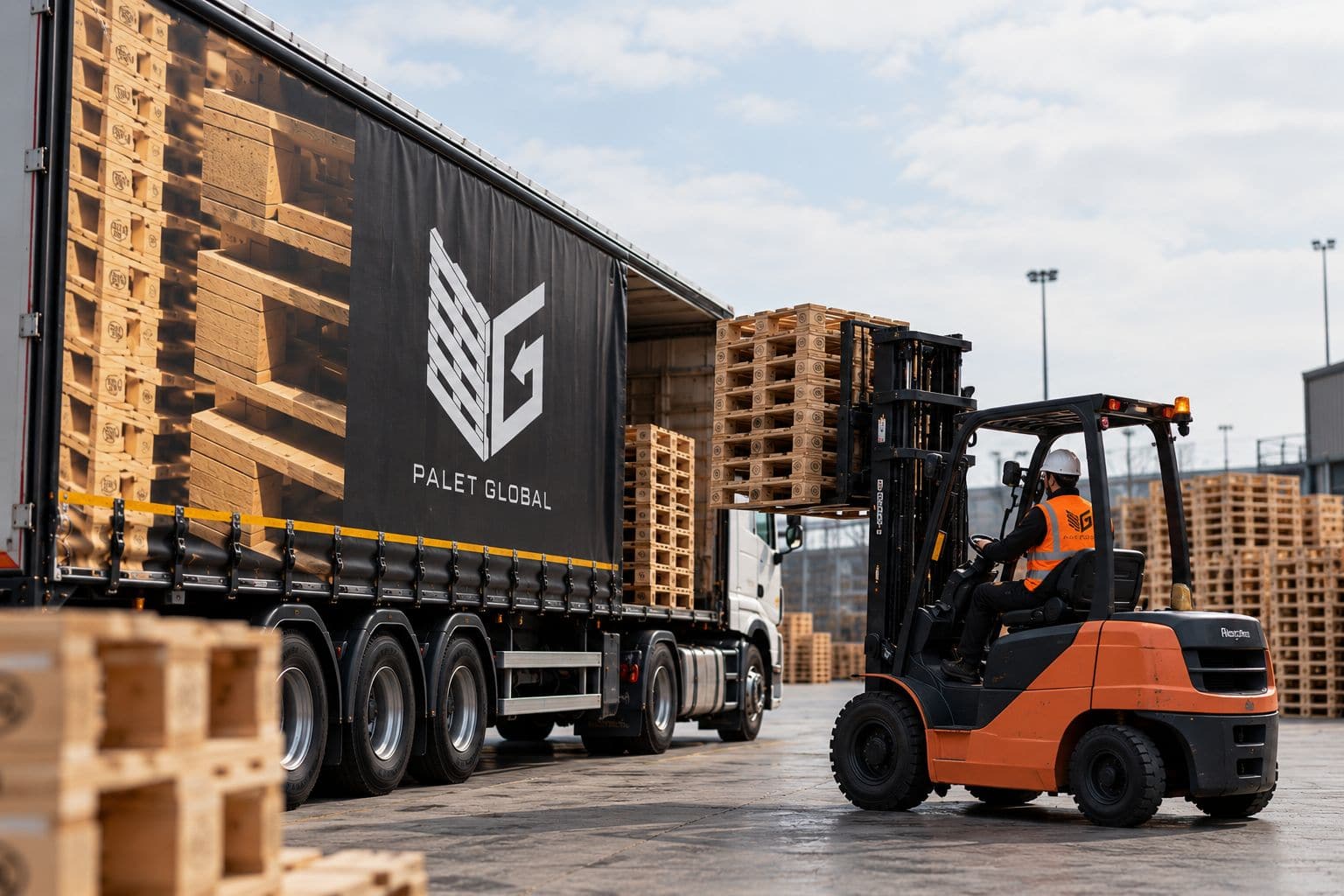 Forklift ile Palet Global tırına ahşap palet yüklemesi
